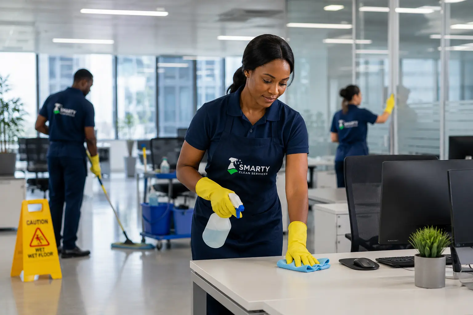 Équipe Smarty Clean Services effectuant le nettoyage d’un espace commercial
