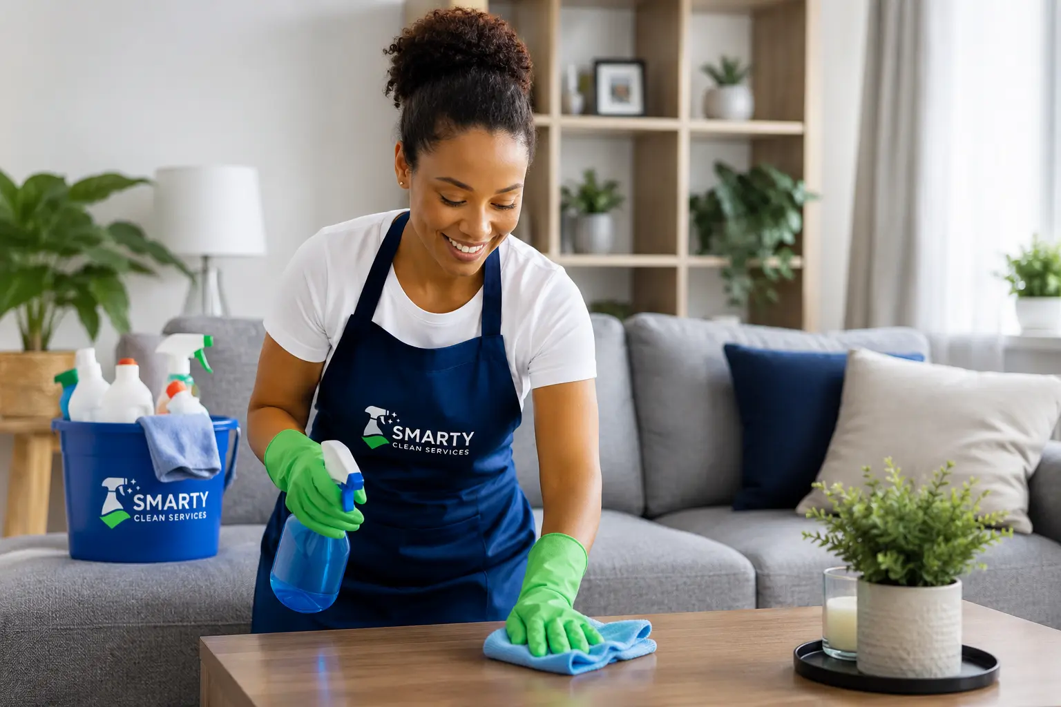 Professionnelle Smarty Clean Services nettoyant un salon
