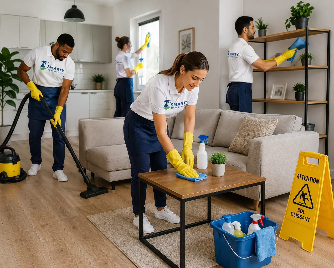Équipe Smarty Clean Services réalisant un entretien ménager résidentiel