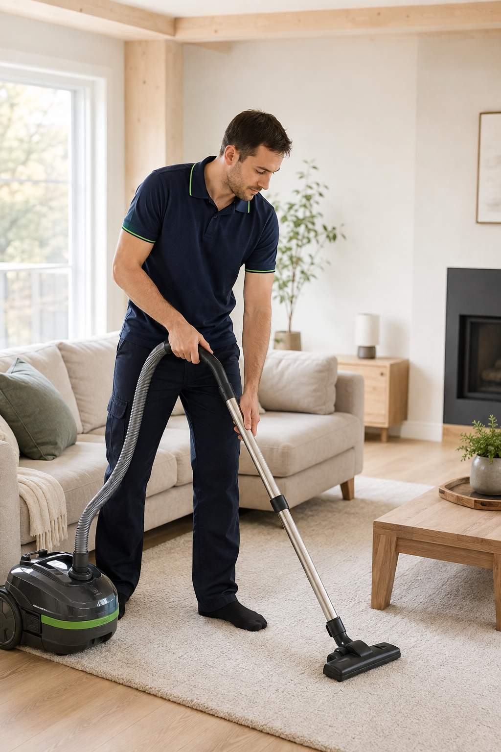 Professionnel de l’entretien ménager passant l’aspirateur dans un salon lumineux